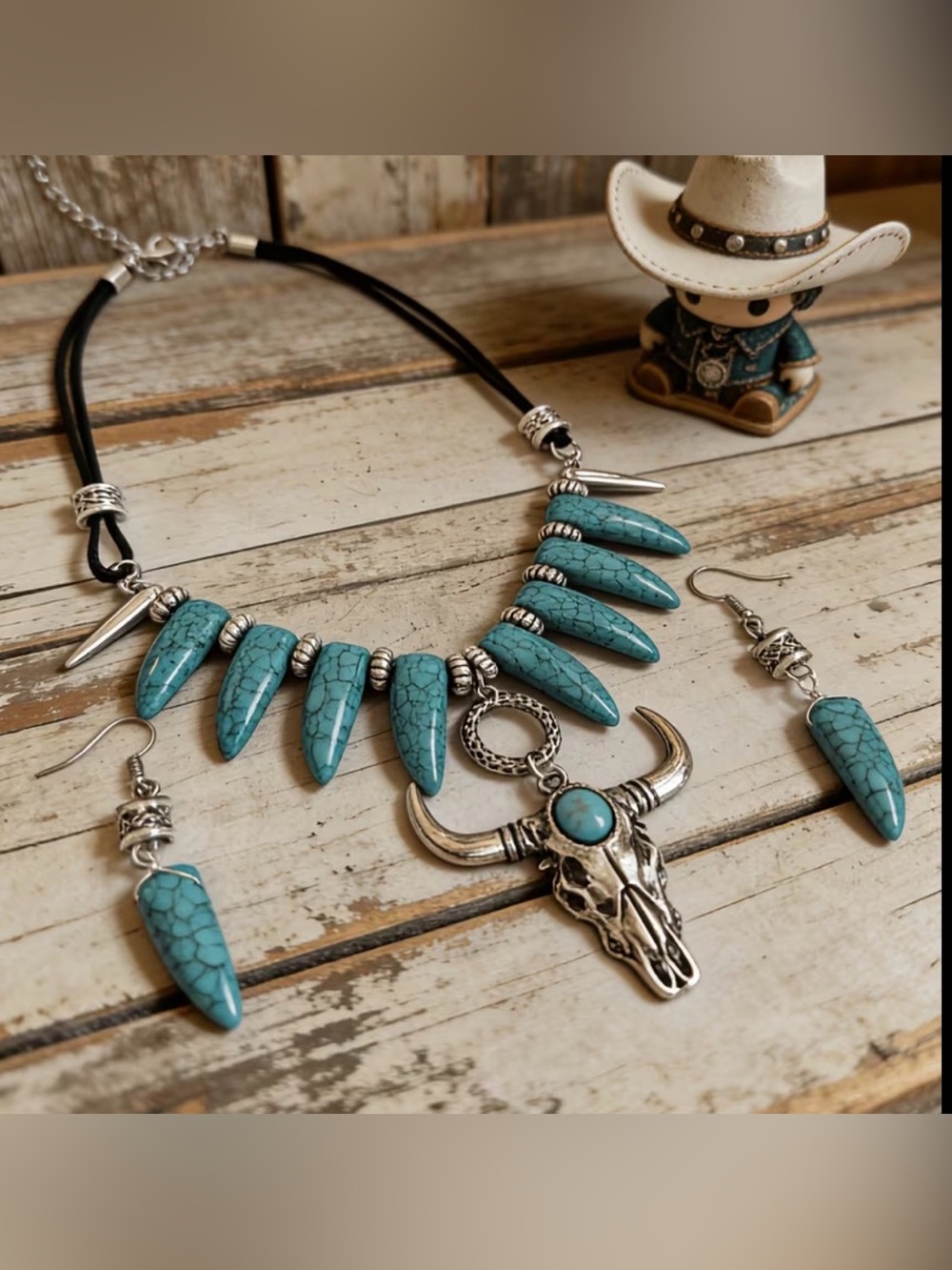 Turquoise Buffalo Skull Spike Necklace and Earring Set - Women Jewelry Necklaces